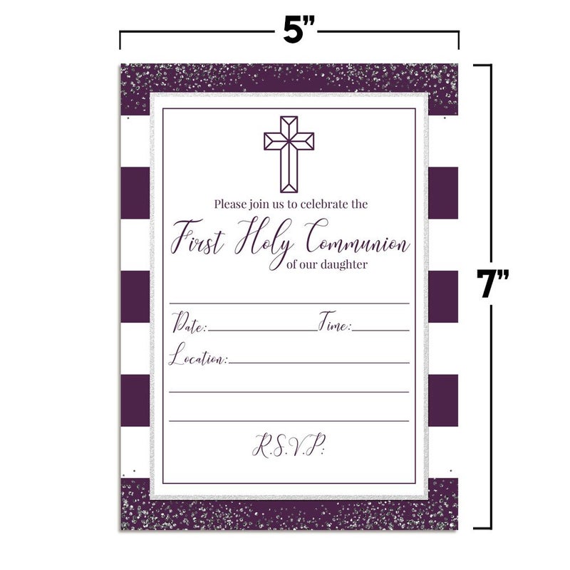 Amanda Creation Purple and Silver Stripes First Holy Communion Religious Party Invitations, 20 5x7 Fill In Cards with Twenty White Envelopes by AmandaCreation - Image 5